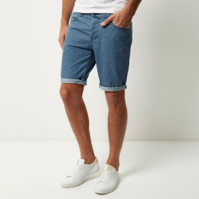 Mid blue wash slim fit denim shorts